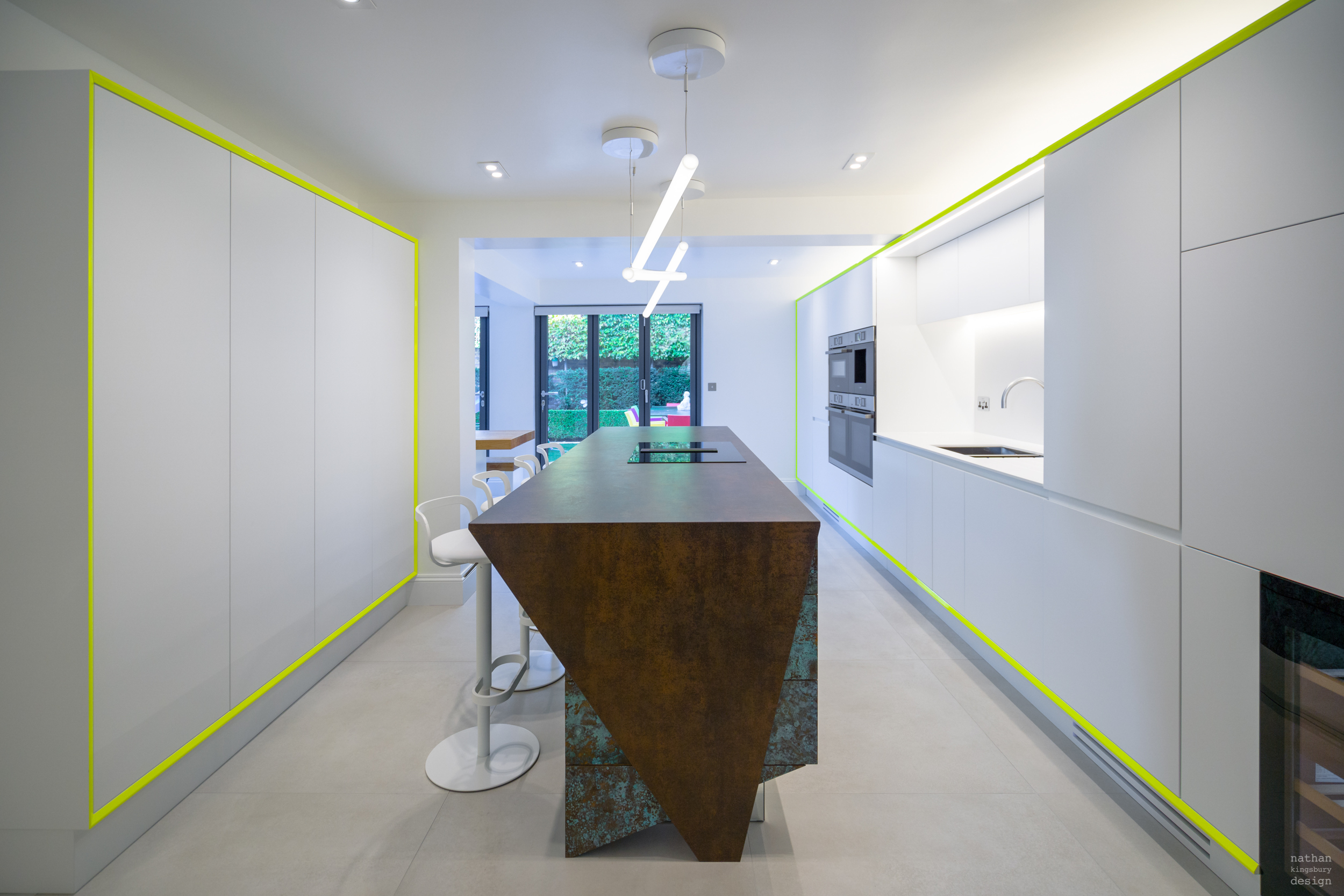 bespoke handleless loft white kitchen with fluorescent yellow frame clapham south london
