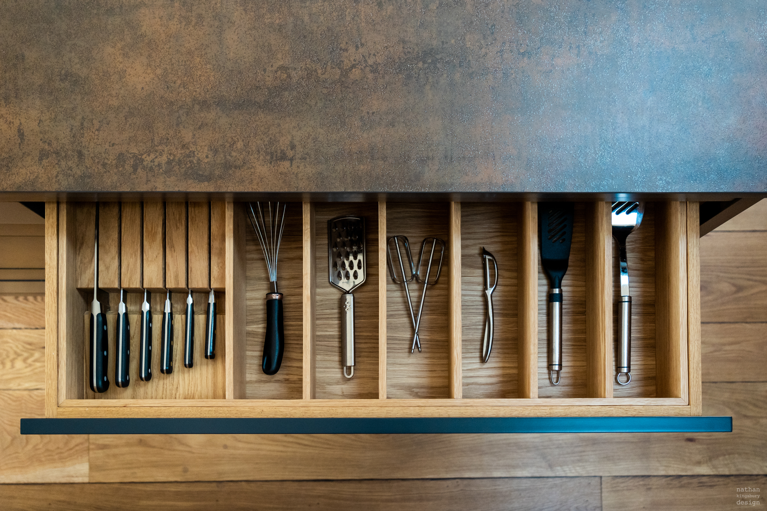 bespoke kitchen island worktop and oak cutlery drawer reigate surrey