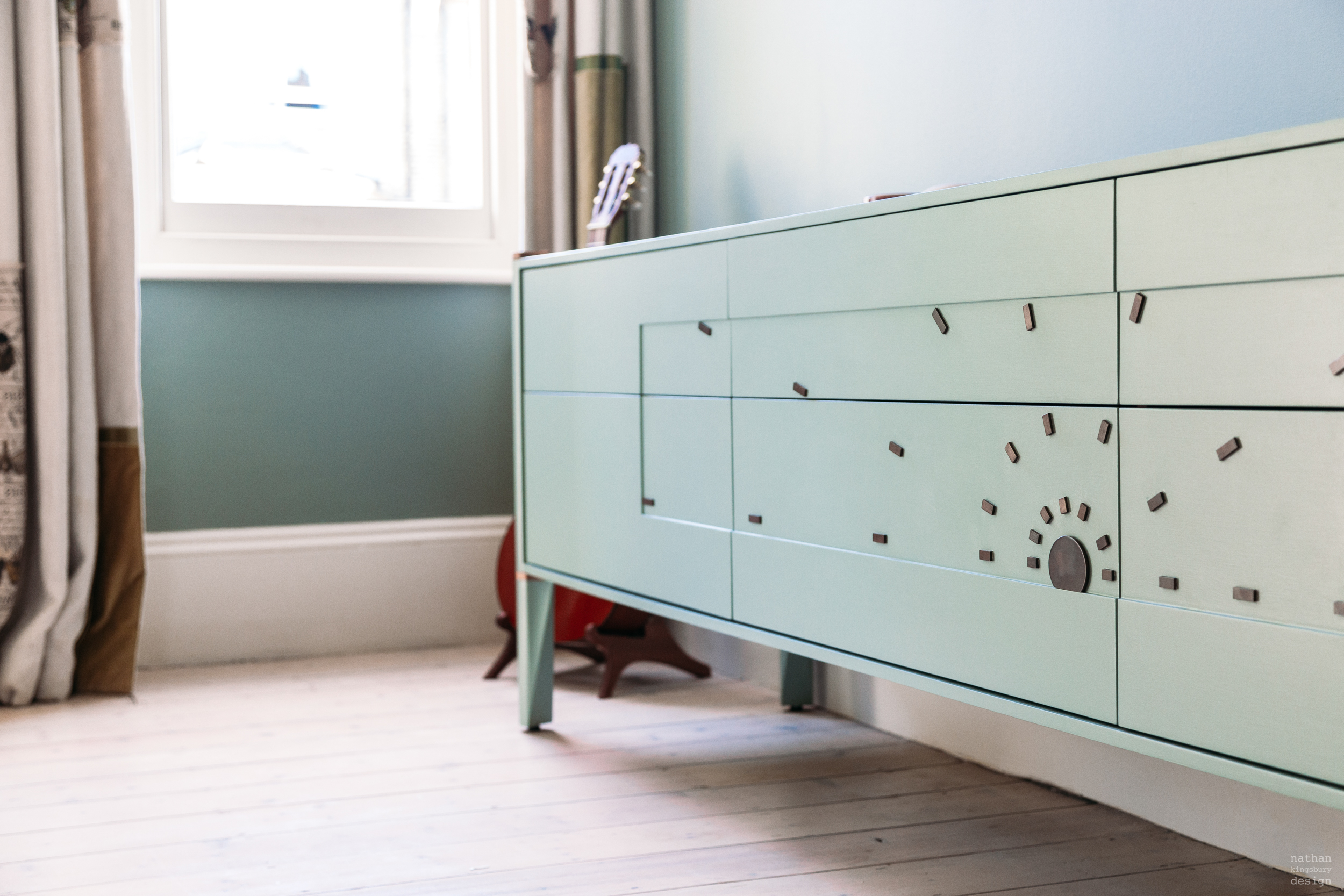 bespoke midcentury drawer chest with brass sun rays hampstead london