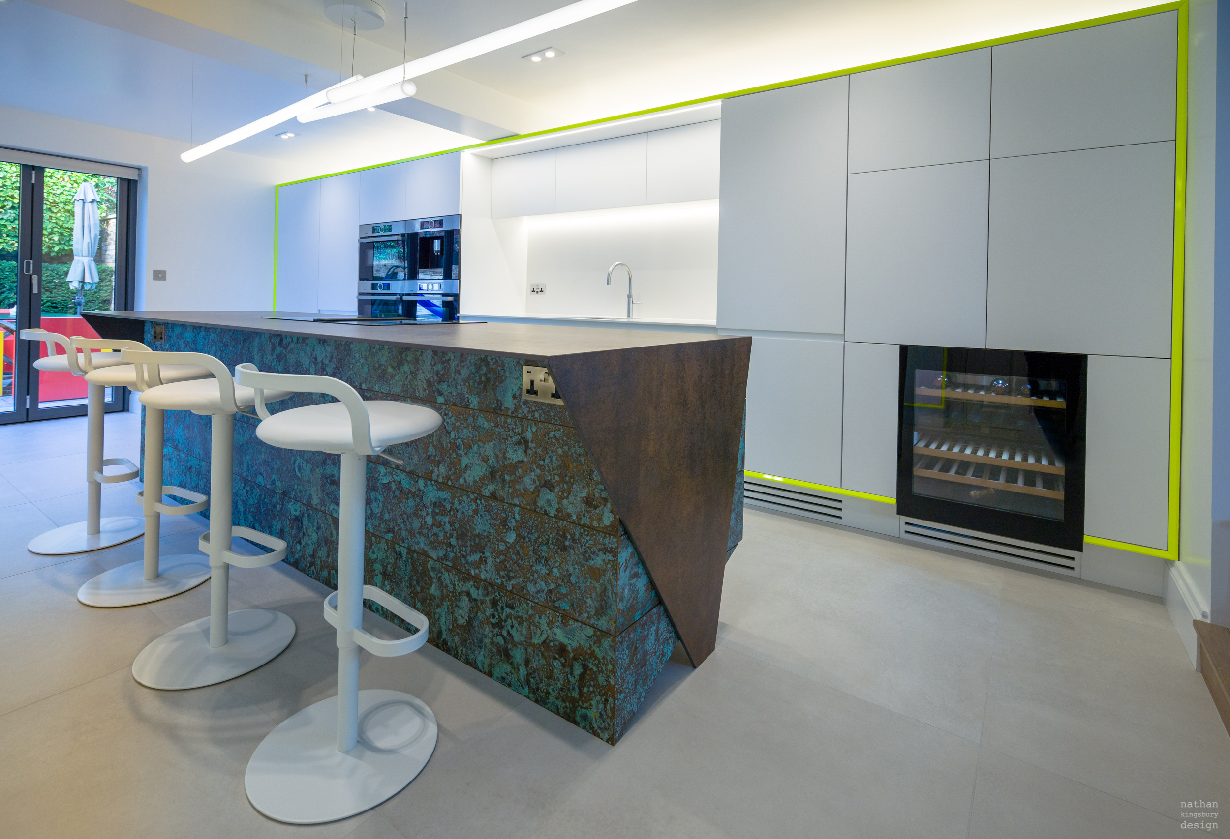 bespoke handleless loft white kitchen with fluorescent yellow frame clapham south london