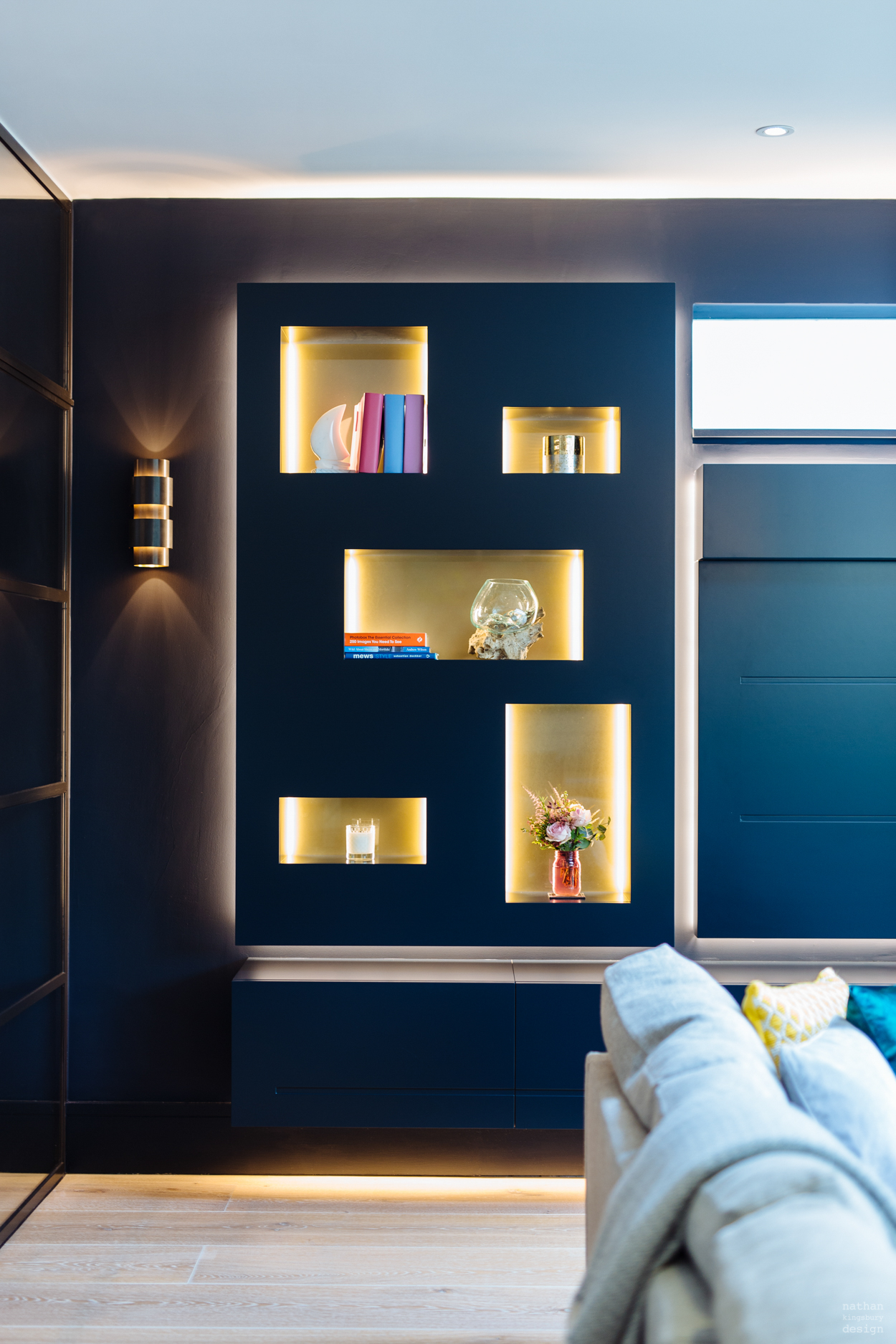 bespoke blue black and gold display shelves with backlit lighting design richmond london