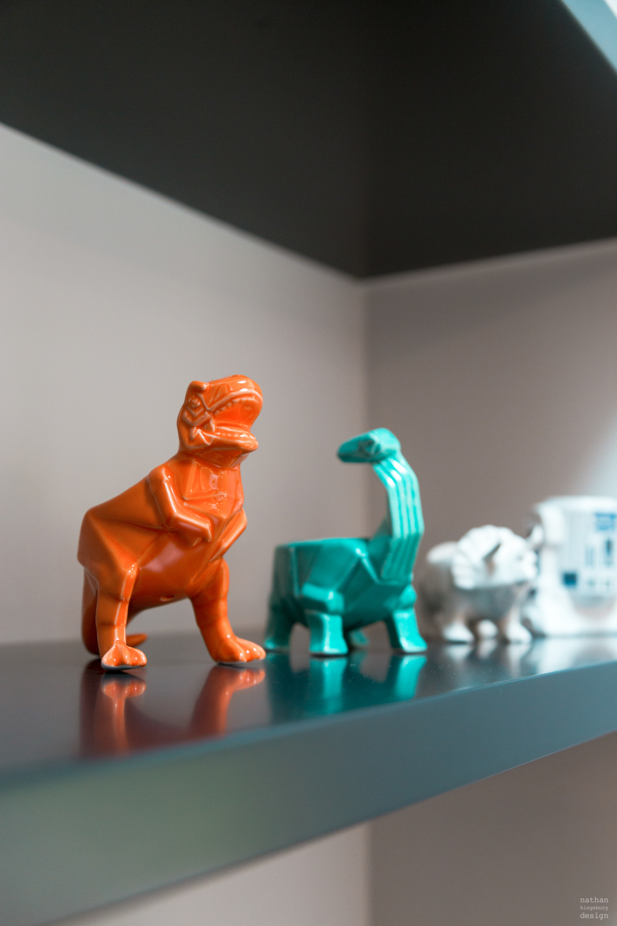 bespoke blue black furniture shelves with dinosaur eggcups reigate surrey
