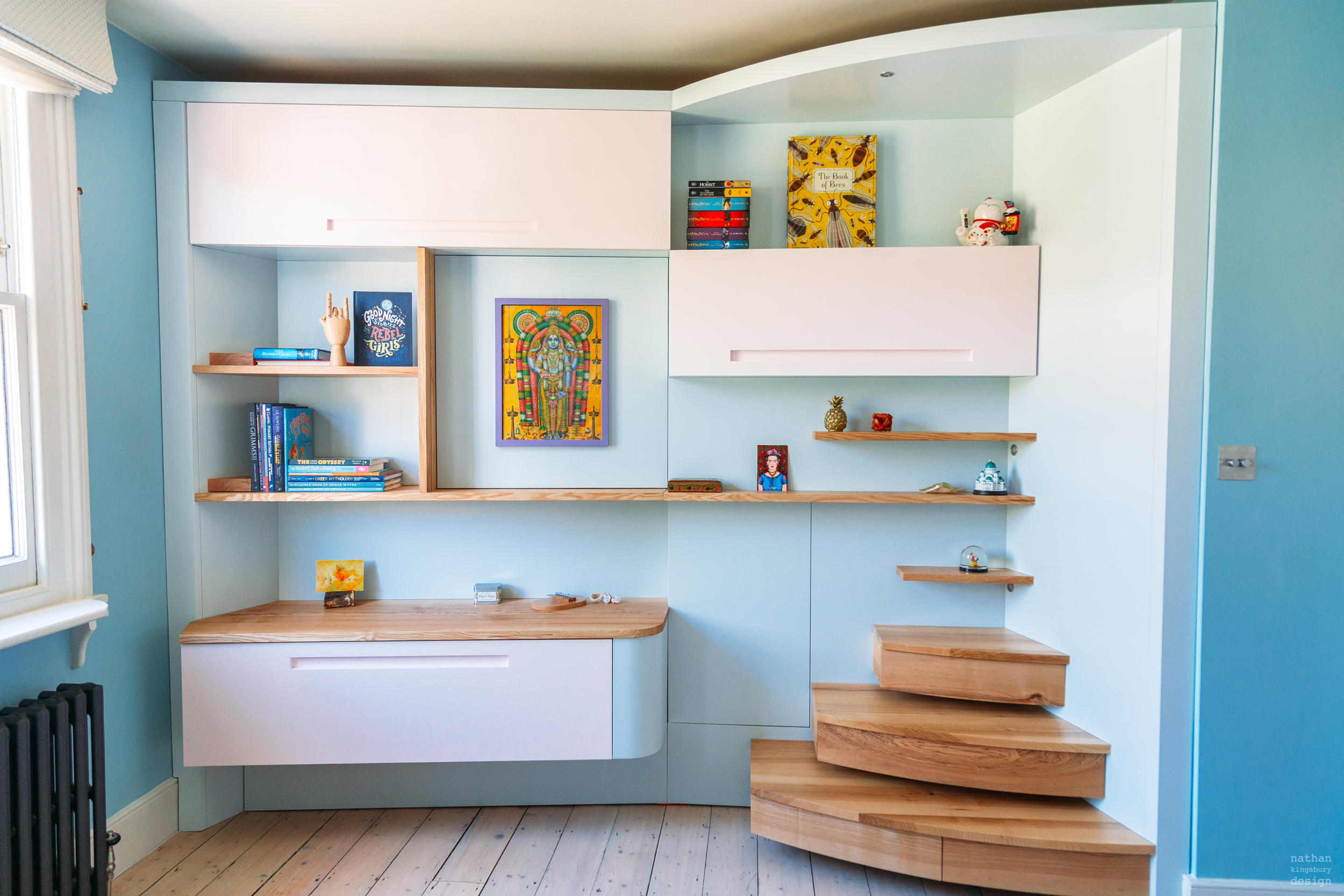 rudolf steiner inspired custom pale pink and blue furniture hampstead london