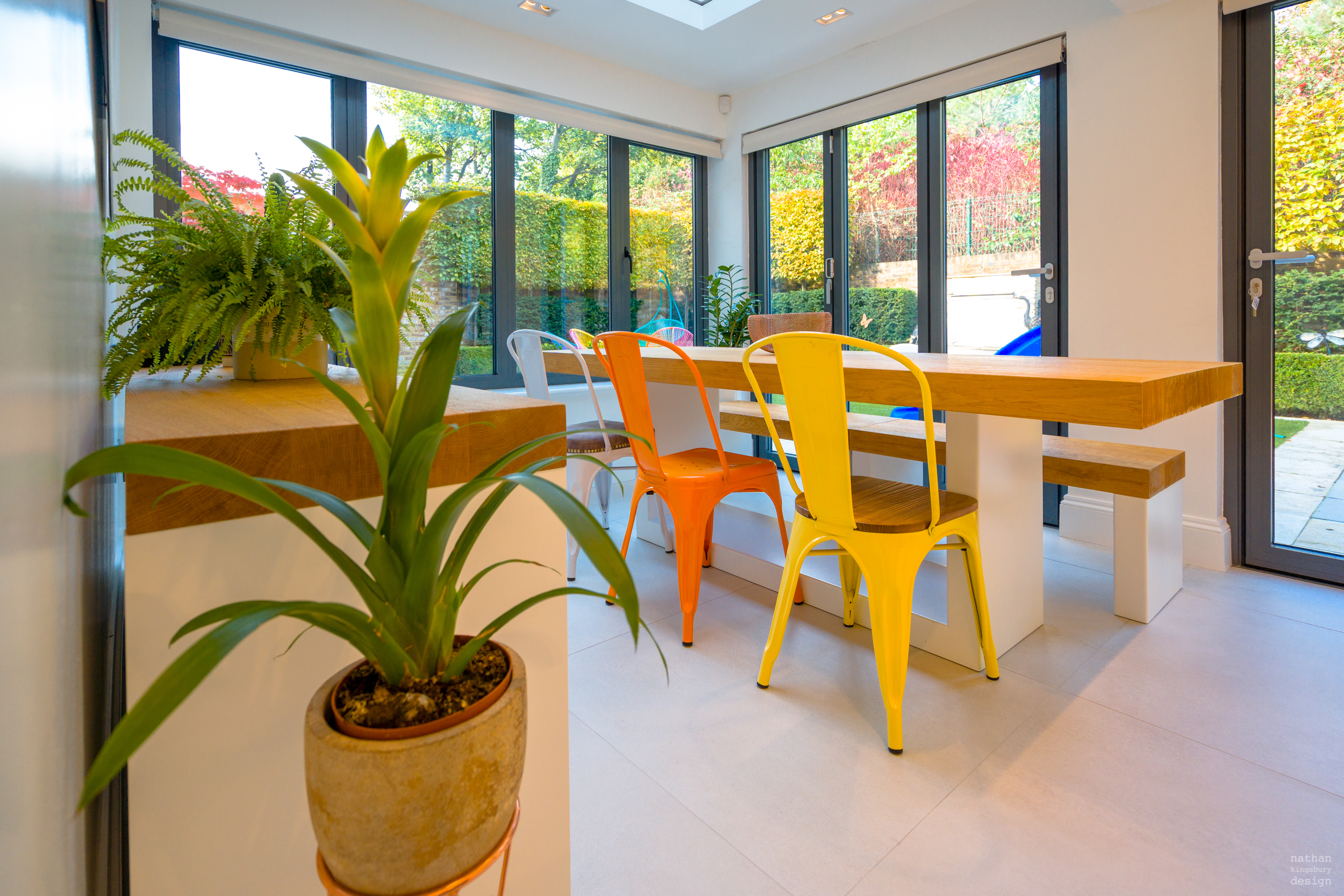 bespoke white and light wood kitchen table bench and sideboard clapham south london