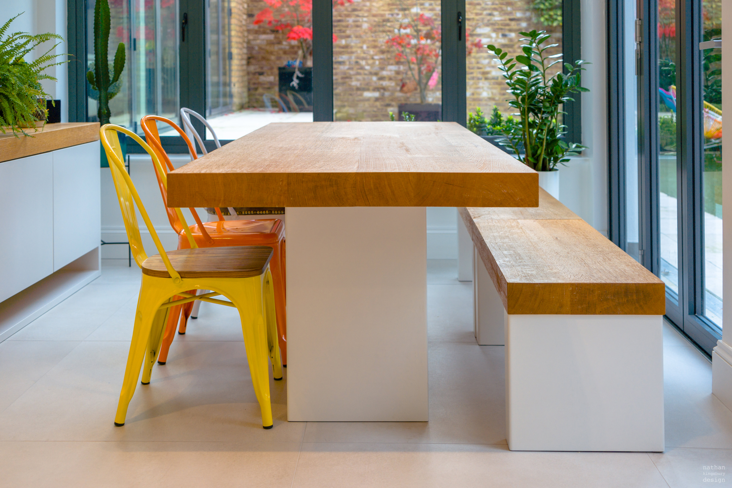 custom made white and light wood kitchen table bench seating clapham south london