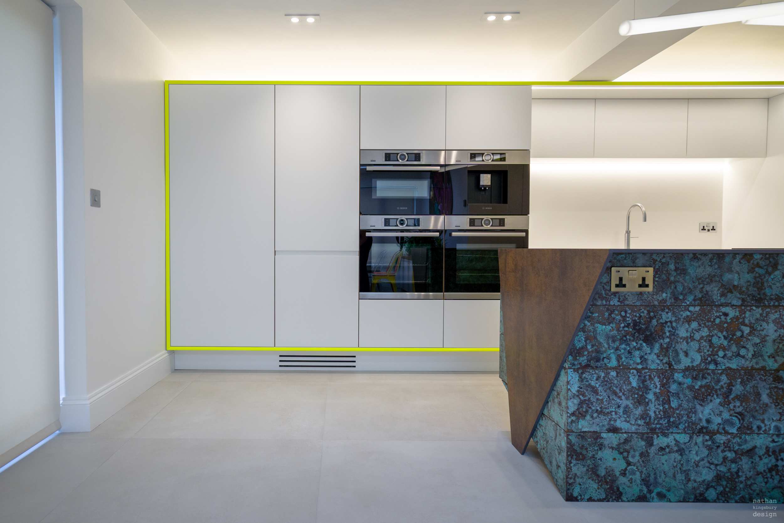 handmade white kitchen with neon frame clapham south london