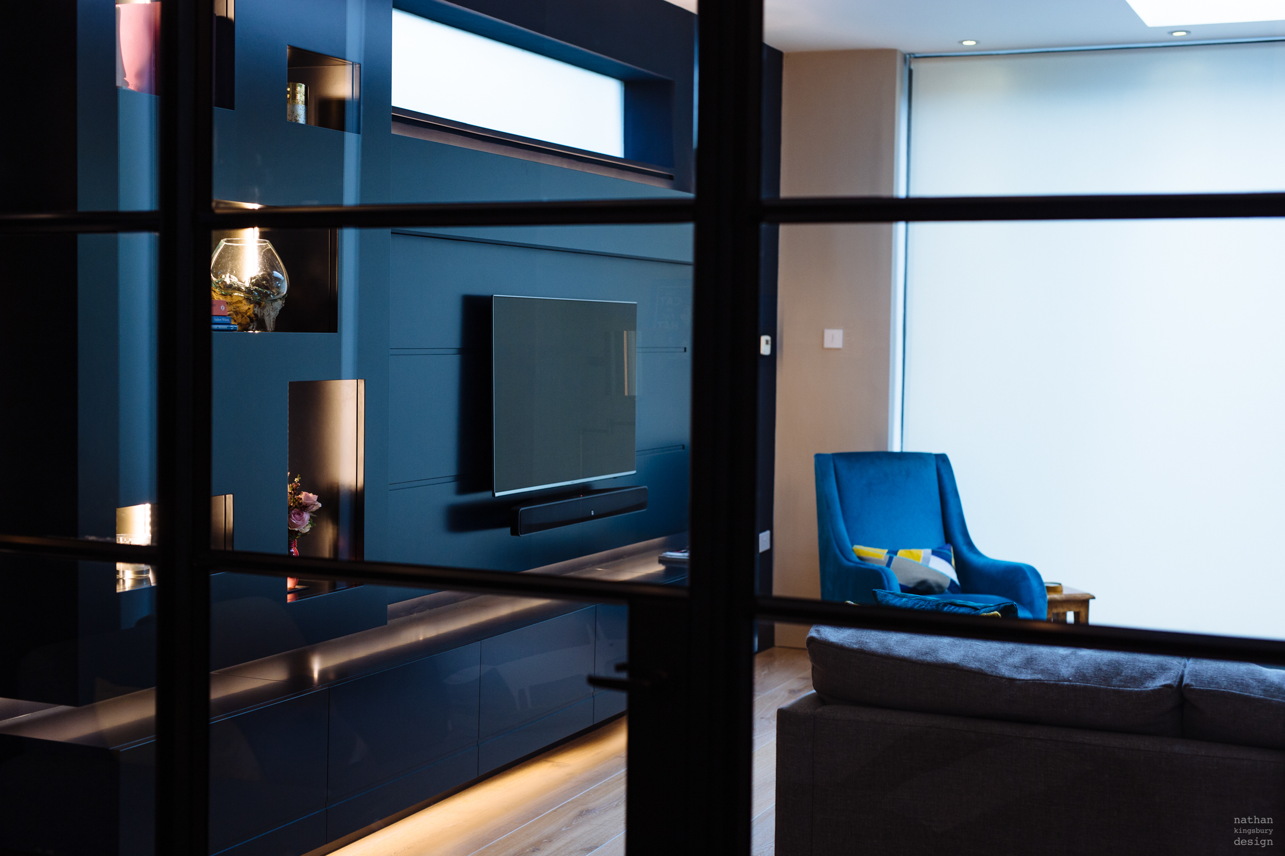 bespoke luxury blue black tv furniture with crittal doors richmond south london