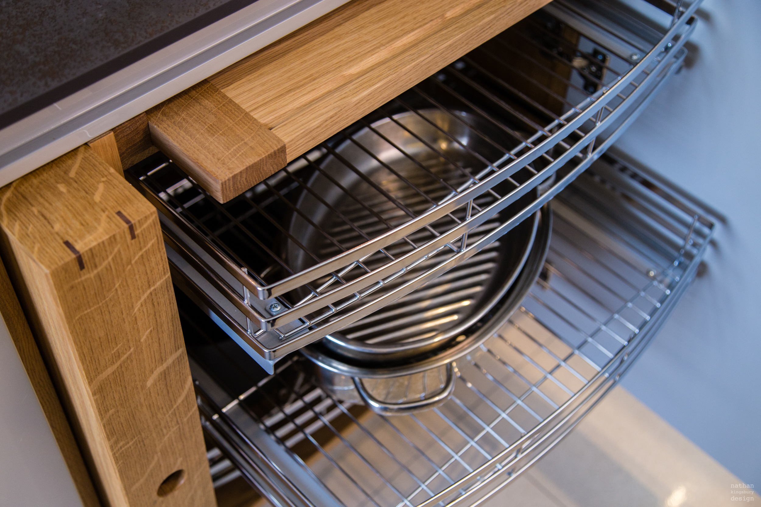 handmade kitchen oak tray and wire baskets reigate surrey
